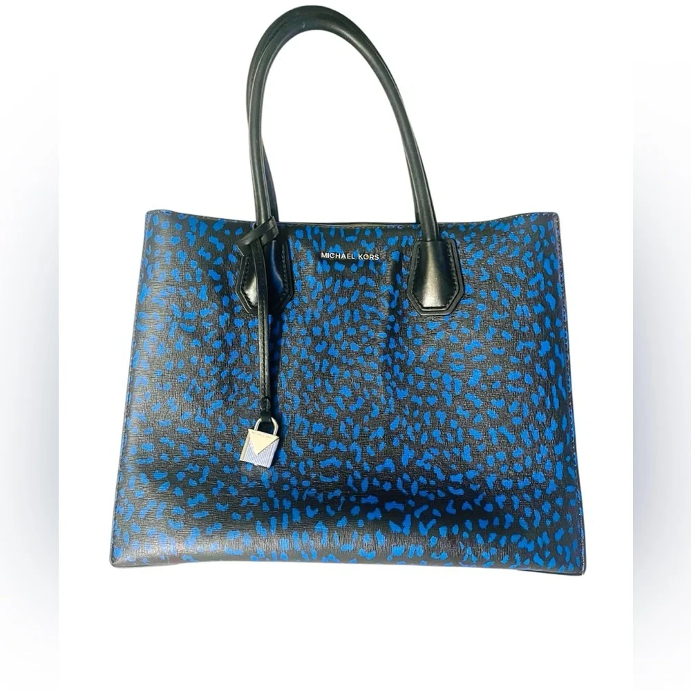 Michael Kors Blue and Black Leopard Print Tote with Wristlet and Strap - Picture 3 of 10